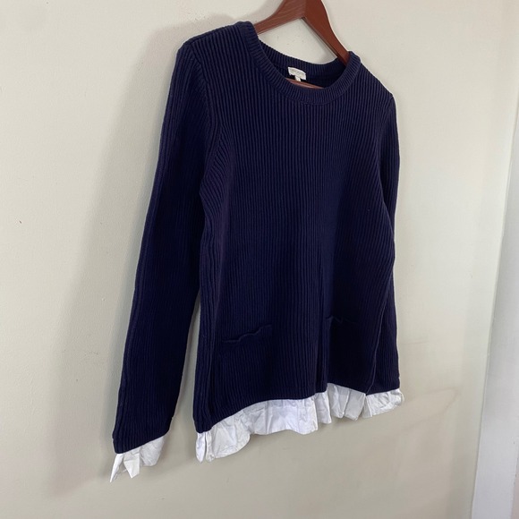 Talbots Crewneck Sweater With White Ruffle Hem Navy Ribbed Pockets Large Cotton - Picture 3 of 7